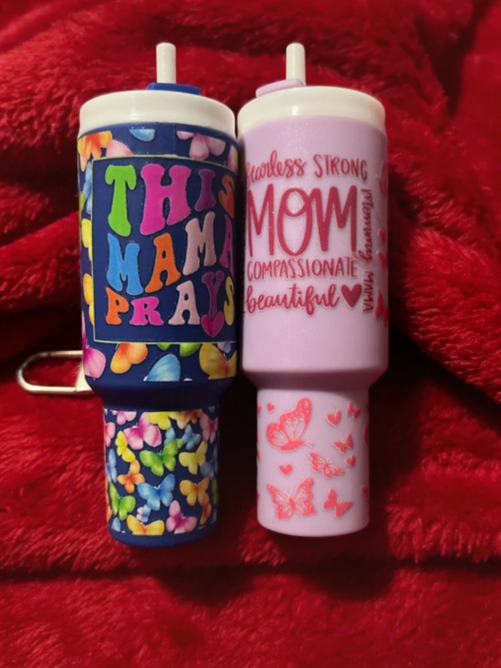 Inspirational Mom Chapstick Holder Keychains - Pink & Navy Butterfly Set